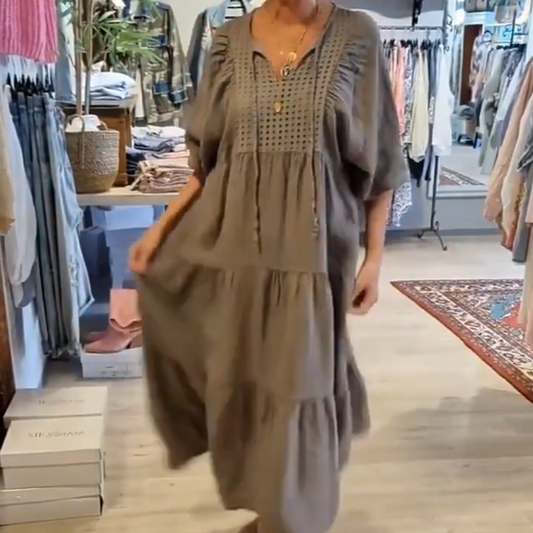 【✨Η κομψότητα είναι τόσο απλή】👗Γυναικείο φόρεμα με V-neck, μισό μανίκι και μακρύ μήκος