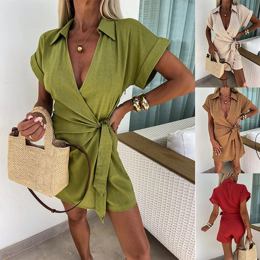 🔥【S-2XL】💕Γυναικεία ολόσωμη φόρμα από βαμβακερό λινό ύφασμα με λαιμόκοψη V, ελαφριά και αναπνέουσα, που εκφράζει πλήρως το κομψό ταμπεραμέντο.