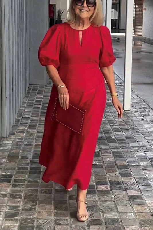 🎉【M-3XL】 Φόρεμα με μανίκια φούσκα από μονόχρωμο βαμβάκι και λινό ύφασμα