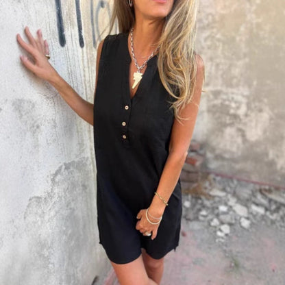 Γυναικείο αμάνικο φόρεμα τσέπης V-Neck με κουμπιά