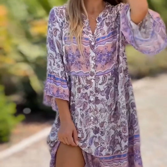 🌸Γυναίκες φλοράλ φόρεμα V λαιμόκοψη